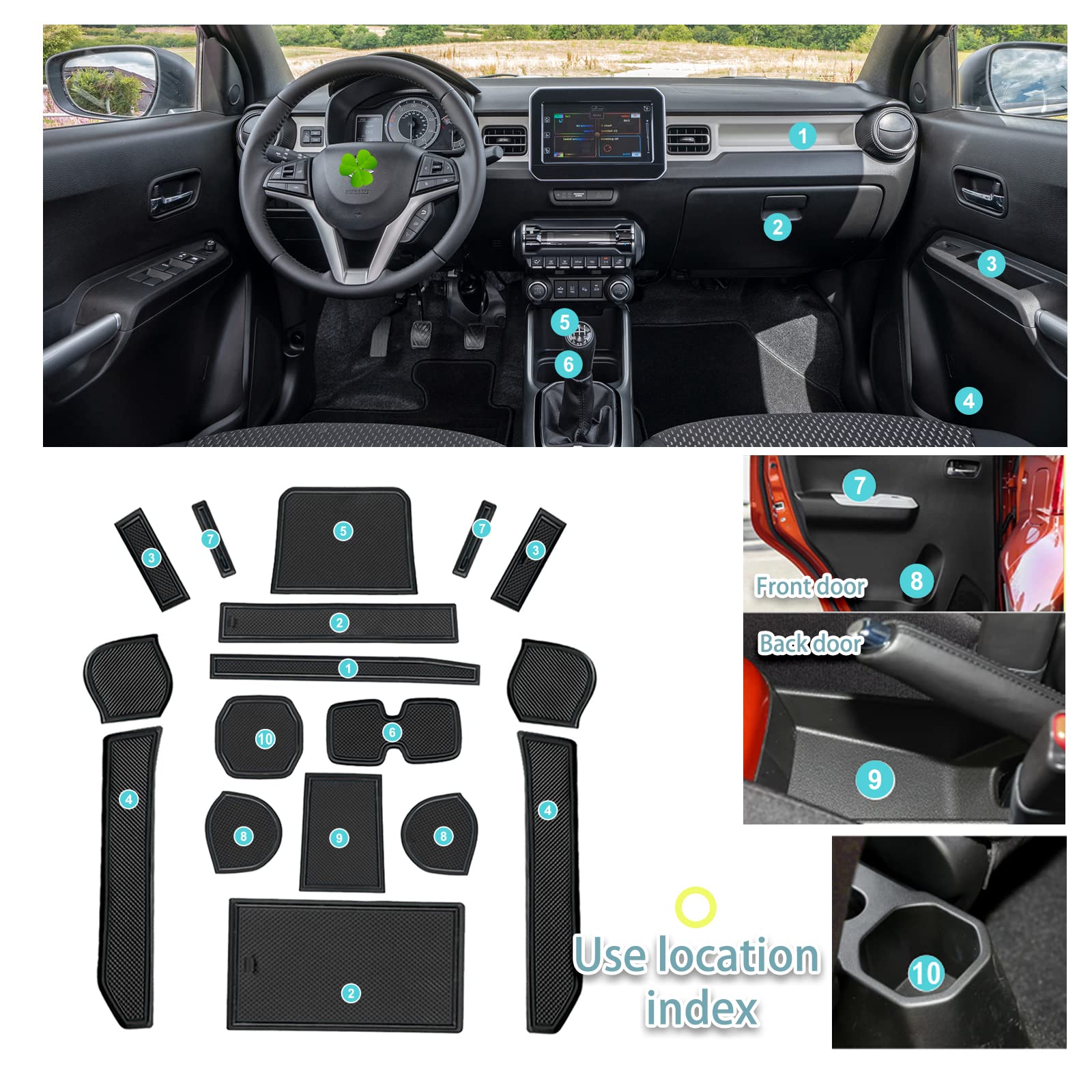 SHAOHAO Tappetini Compatibile con Suzuki Ignis 2016-2024 MF Anti-polvere antiscivolo Supporto tazza interno Tappetini Antiscivolo AntiGraffio in Gomma per Interni Accessori tappetino Suzuki Ignis nero