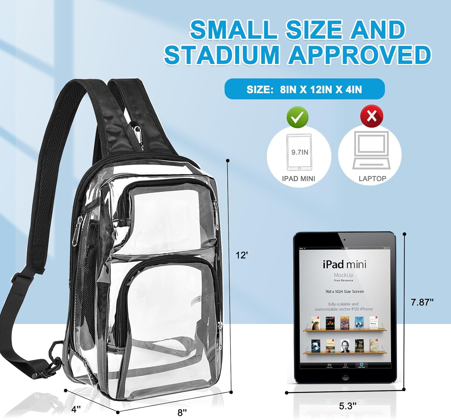 Clear Backpack Stadium Approved with Adjustable Reinforced Straps, 3 in 1 Clear Crossbody Bag for Festivals and Games (Black) - Image 2