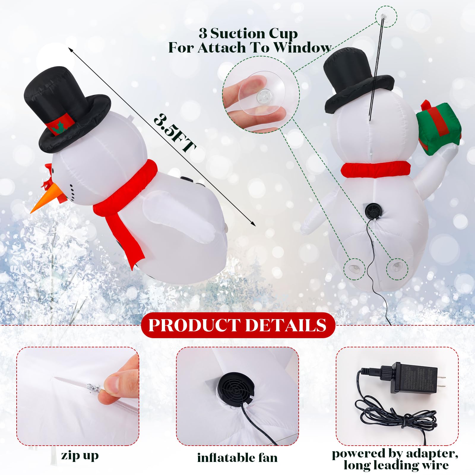 Wettarn Bonhomme de neige gonflable de Noël de 1,1 m avec boîte cadeau, décoration gonflable avec LED intégrée et ventilateur pour extérieur, cour, fête de Noël
