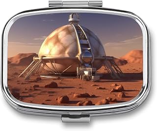 Pill Box 2 Compartment Metal Medicine Pill Organizer Mars Planet Satellite Station Pill Case for Purse Or Pocket Cute Mini Portable Pill Holder Travel Pill Container to Hold Supplements
