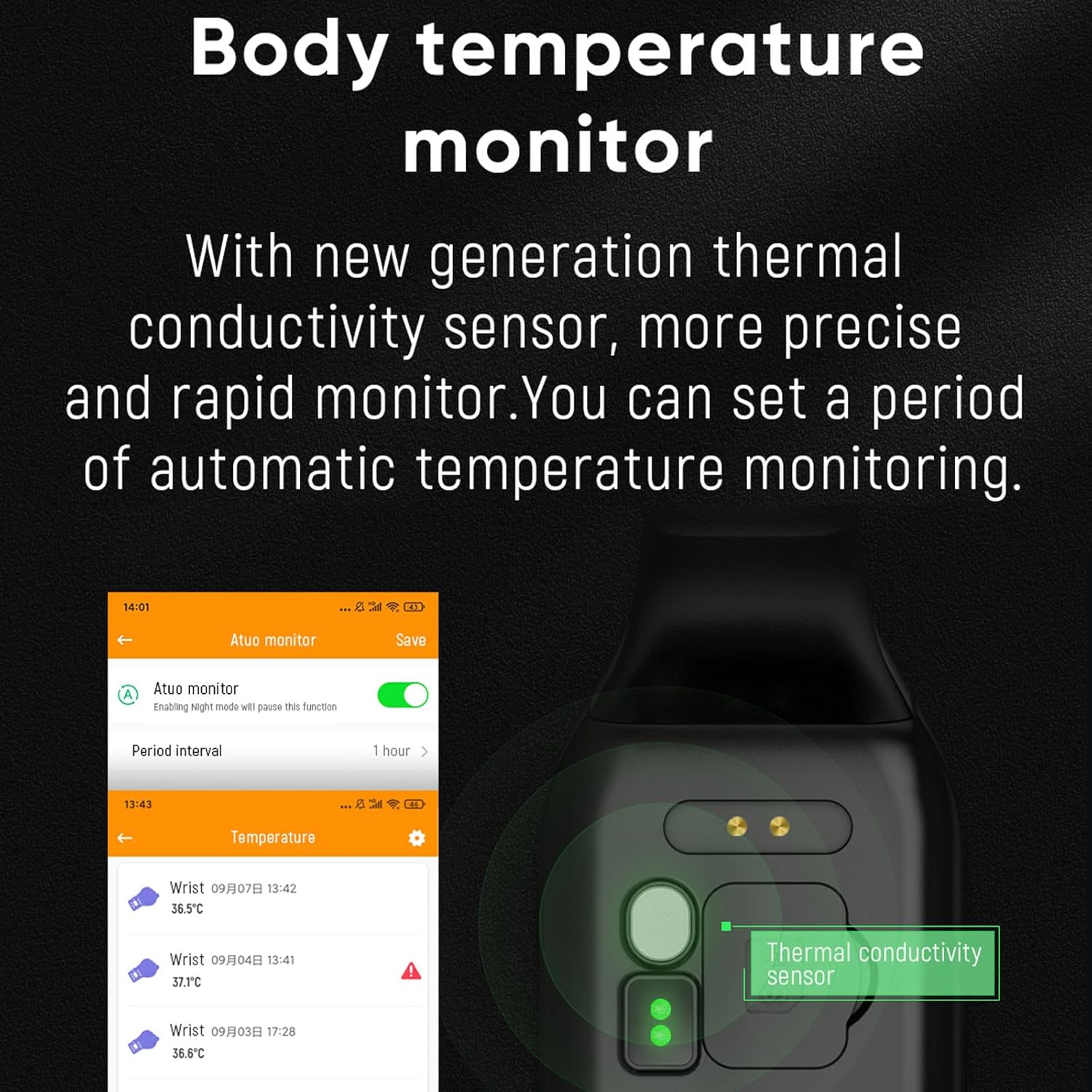 Weyot Smartwatch screen showing body temperature readings over time, with an illustration pointing to the thermal conductivity sensor