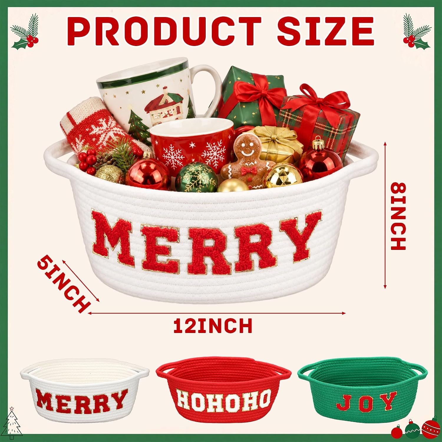Fumete 3 Pcs Christmas Chenille Rope Storage Baskets Empty Merry Joy HoHoHo Woven Organizer Bin 11.8 x 7.9 x 4.7 in Xmas Decorative Cotton Rope Baskets for Holiday Gifts Candy Toy Tabletop Home Decor