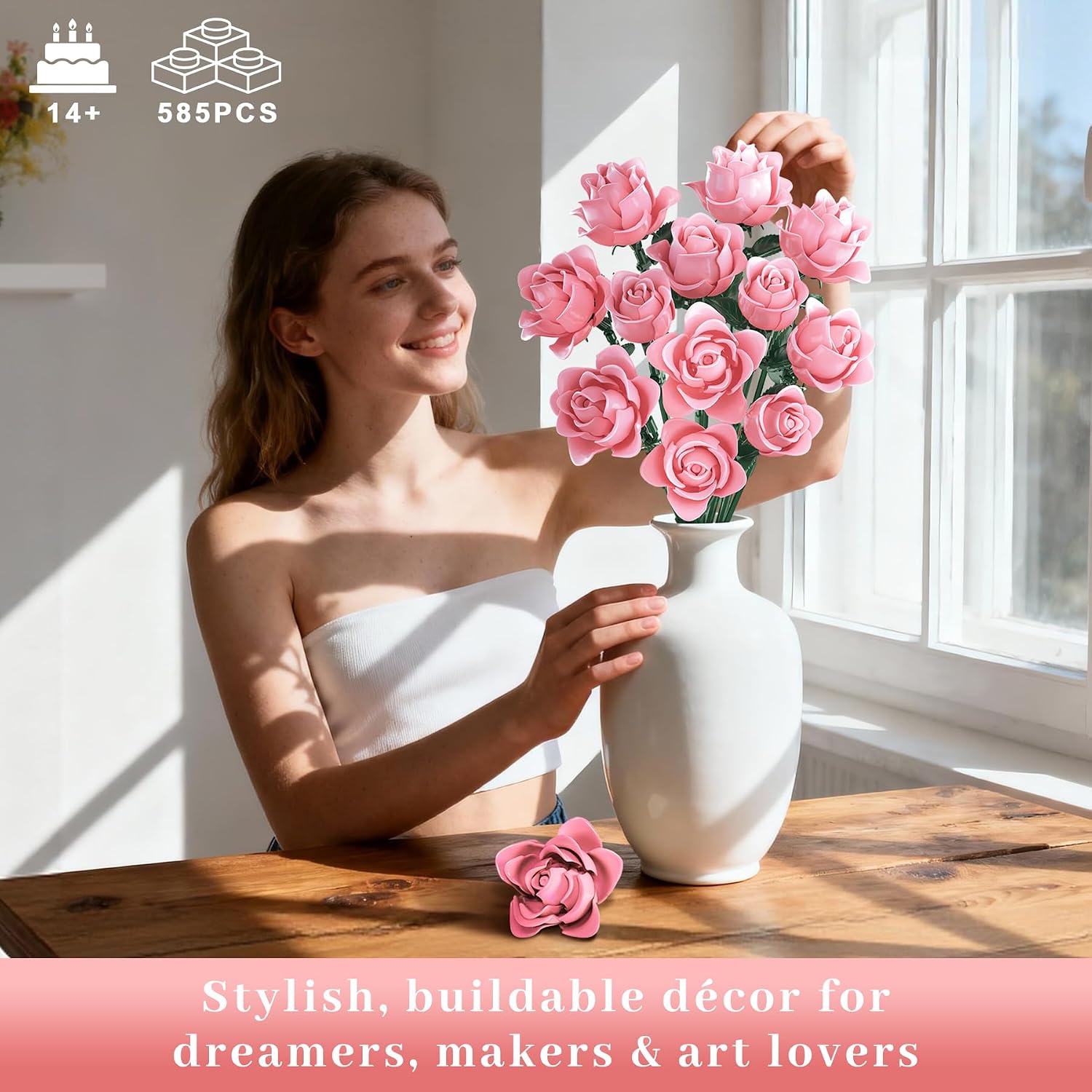 Pink Roses Flower Bouquet Building Set, Artificial Flowers Botanical Collection Compatible with Lego Flowers for Adults Christmas Anniversary Valentines