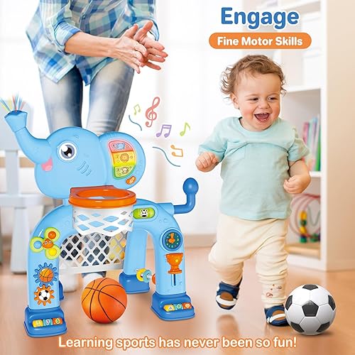 Miniatura 7 de SpringFlower Aro de baloncesto y centro de actividades de portería de fútbol para niños pequeños con luz y música, juguetes musicales de elefante