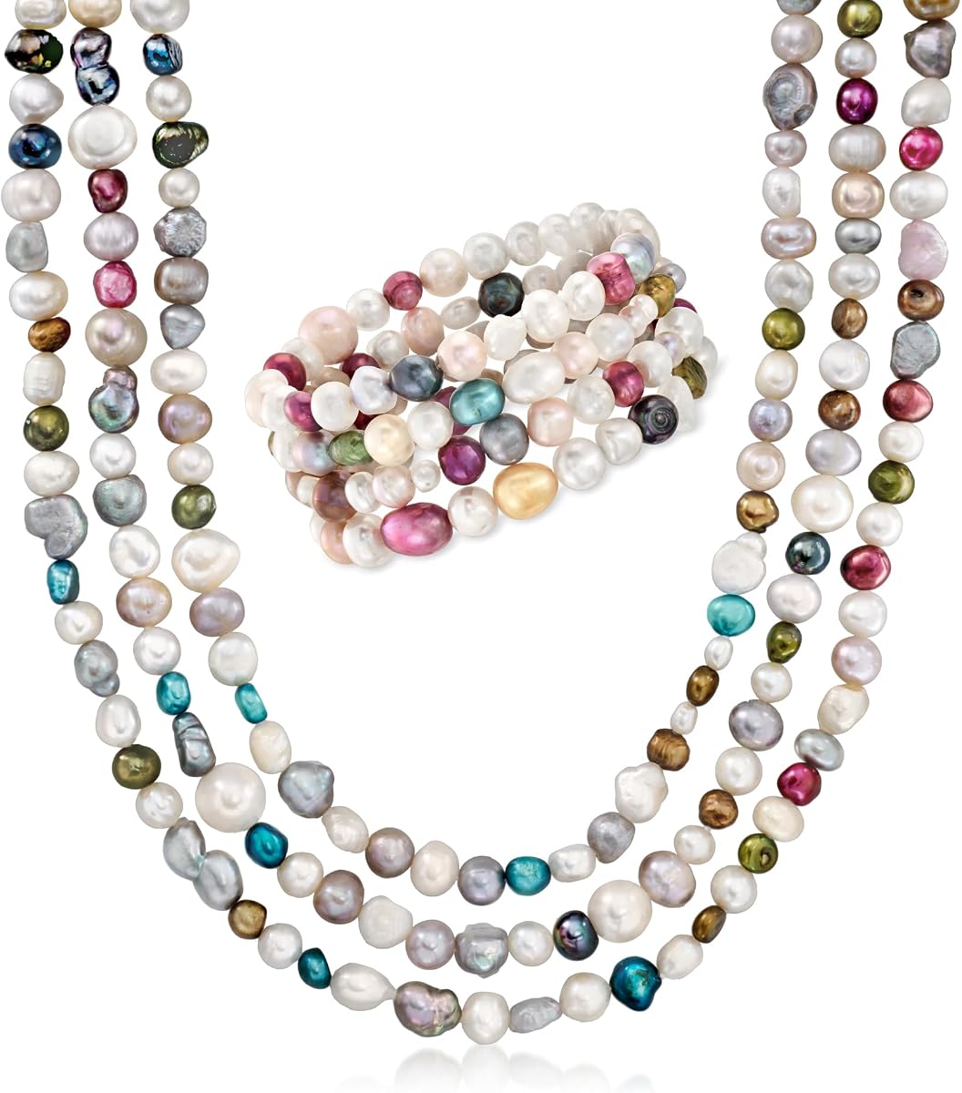4-8mm Multicolored Cultured Baroque Pearl Jewelry Set: 4 Bracelets and Necklace. 64 inches