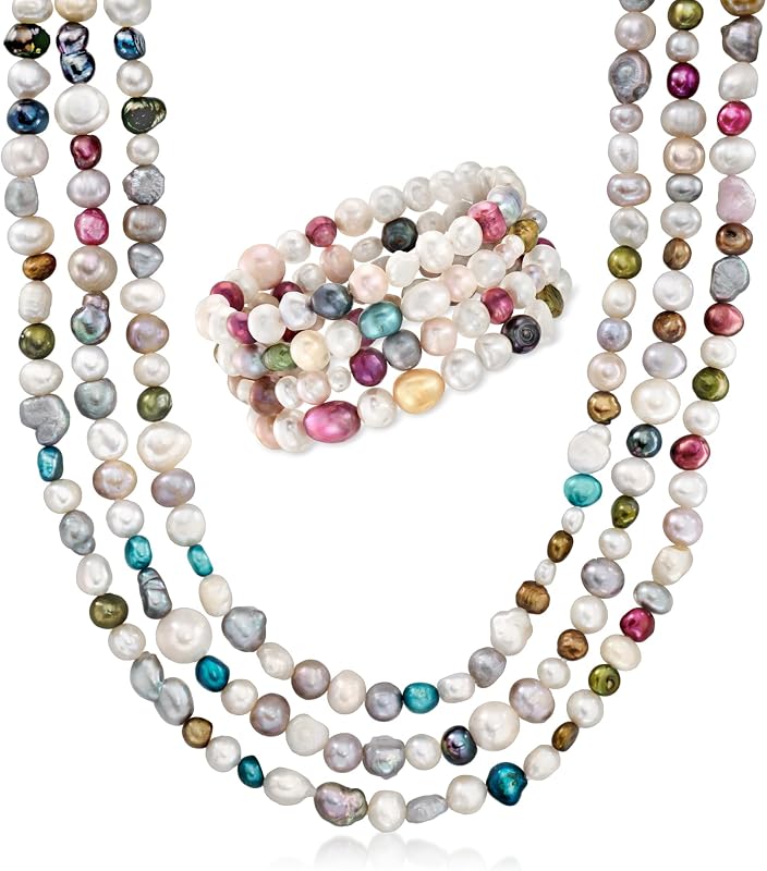 4-8mm Multicolored Cultured Baroque Pearl Jewelry Set: 4 Bracelets and Necklace. 64 inches