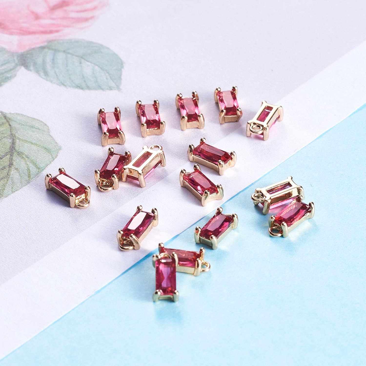 FASHEWELRY 50Pcs Faceted Transparent Glass Rectangle Pendants 8.5x4mm Crystal Glass Dangle Geometric Drop Bead Charms with Golden Open Back Settings for Jewelry Craft Making (Deep Pink)