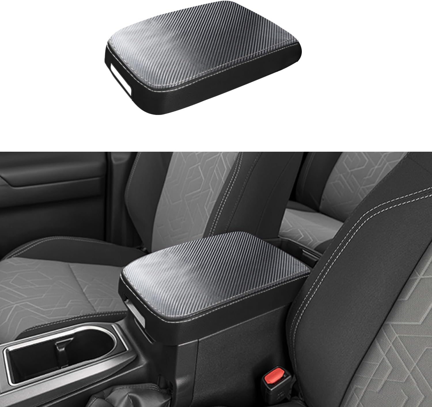 Car Center Console Armrest Cover for Toyota Tacoma 2016 2017 2018-2023 Leather Anti-Scratch Central Arm Rest Box Lid Seat Cover Protector Cushion Saver Interior Accessories(Carbon Fibre+Red)