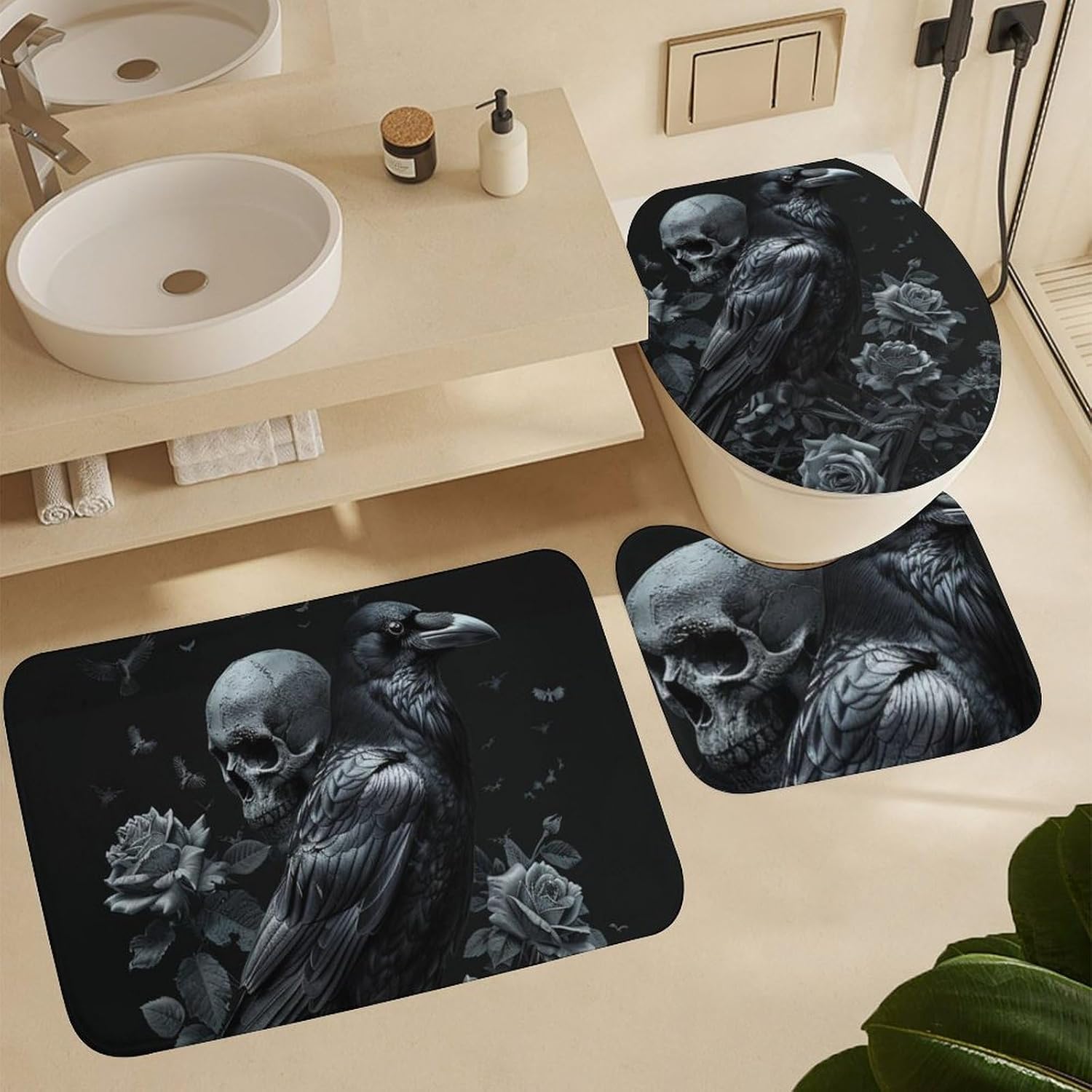 4Pcs Rose Floral Skeleton Bird Shower Curtain Sets with Rugs, Toilet Lid Cover and Bath Mat, Skull Crow Leaves Plants Bathroom Shower Curtains Set with 12 Hooks