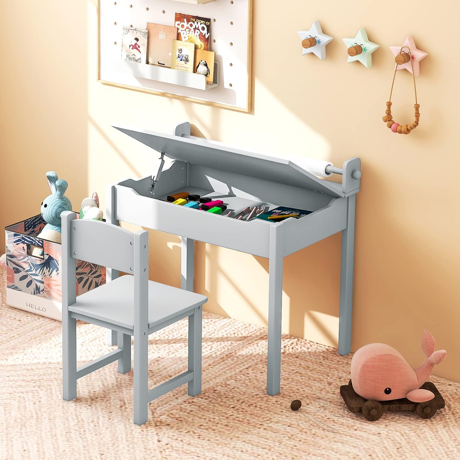 Costzon Kids Table and Chair Set, Flip Top Kids Art Craft Table w/Chair for Playroom Kindergarten, Toddler Drawing Writing Desk Set w/Paper Roll & 2 Markers, Gift for Boys Girls Ages 3+ (Gray)