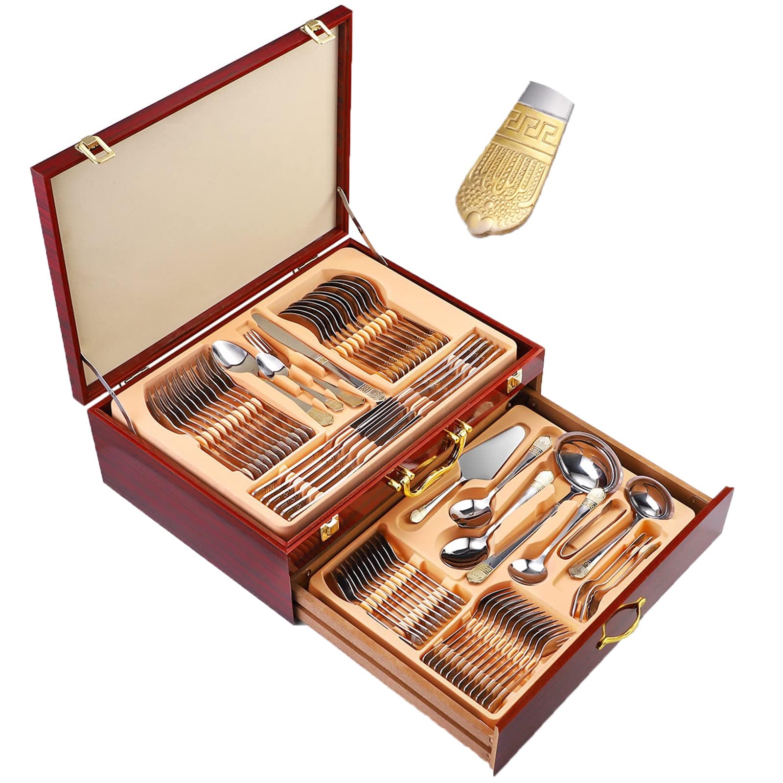Juego de cubiertos de acero inoxidable para 12 piezas, juego de cubiertos de 45 piezas con cuchillos, tenedores y cucharas, elegantes utensilios de comedor en caja de regalo de madera para fiestas