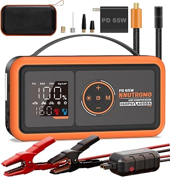 4000A Car Battery Jump Starter with 160PSI Air Compressor & 65W Fast Charger, 24,000mAh 88.8Wh Portable Jump Box 10.0L Gas/10.0L Diesel, 12V Car Battery Booster with Tire Inflator-Vibrant Orange