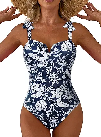 Aleumdr Women's One Piece Swimsuit Tummy Control V Neck Boho Tie Shoulder Ruched Full Coverage