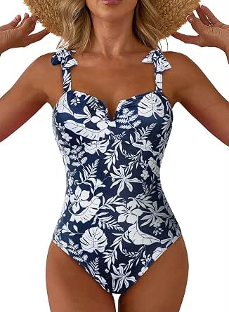 Aleumdr Women's One Piece Swimsuit Tummy Control V Neck Swimwear