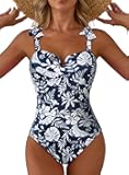 Aleumdr Women's One Piece Swimsuits Tummy Control Bathing Suits V Neck Boho Tie Shoulder Ruched Full Coverage Swimwear