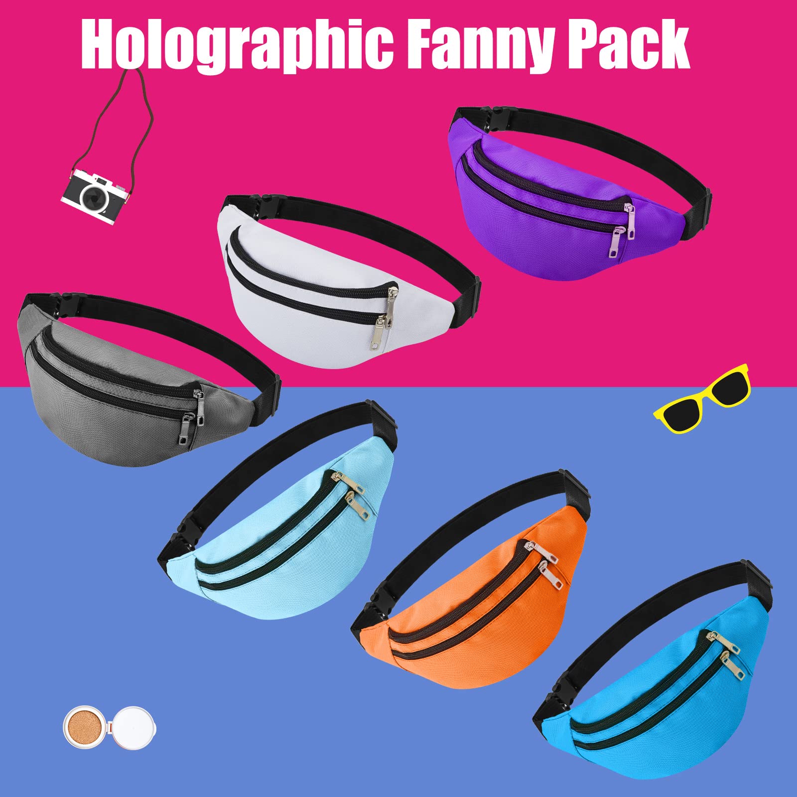Lot de 14 grands sacs banane de sport légers réglables avec ceinture réglable et 2 fermetures éclair pour homme et femme, voyage, course à pied, téléphone, sport, Comme sur les photos.