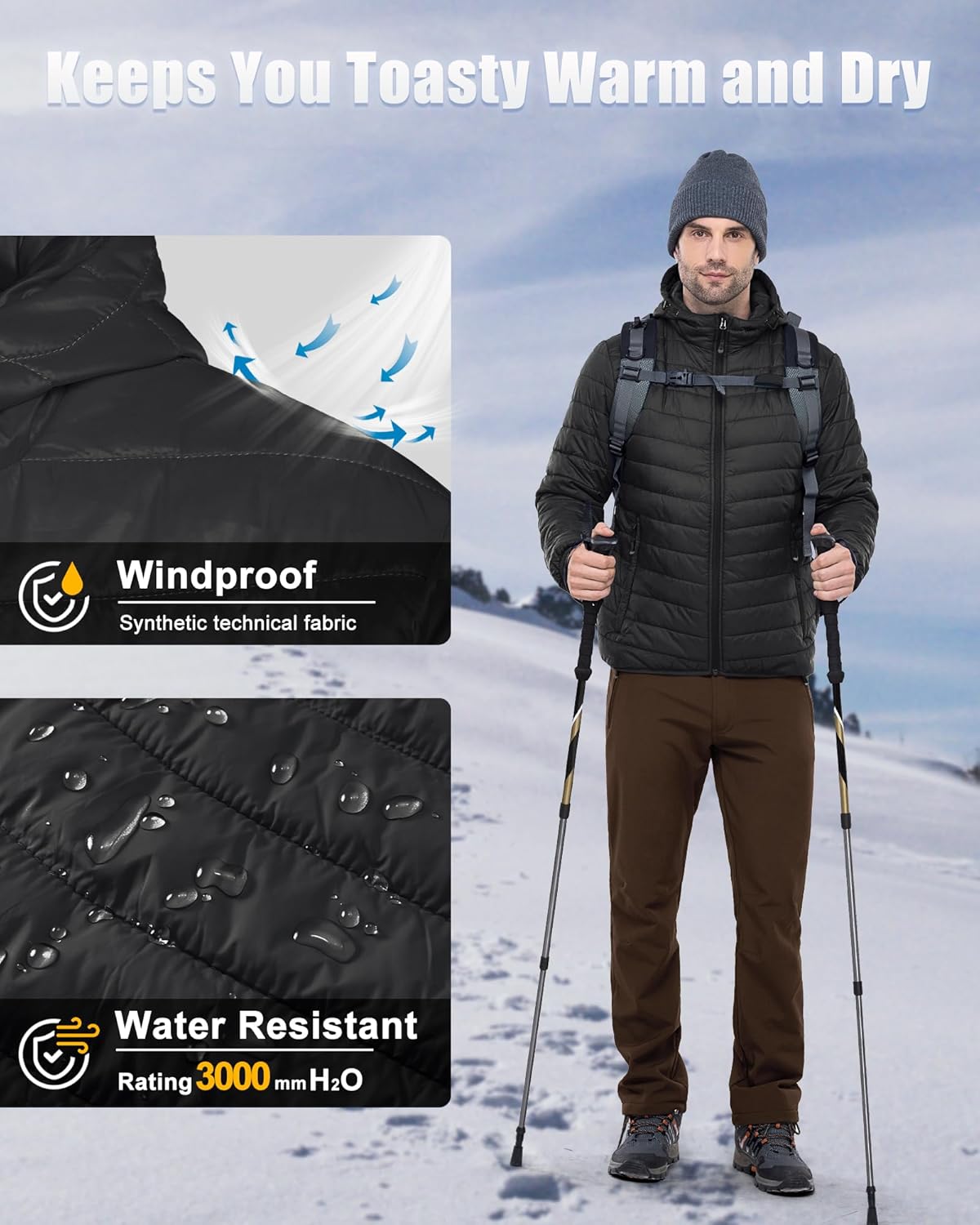 33,000ft Men's Lightweight Packable Insulated Puffer Winter Jacket with Hood, Water-Resistant Down Alternative Puffy Coat - Image 4