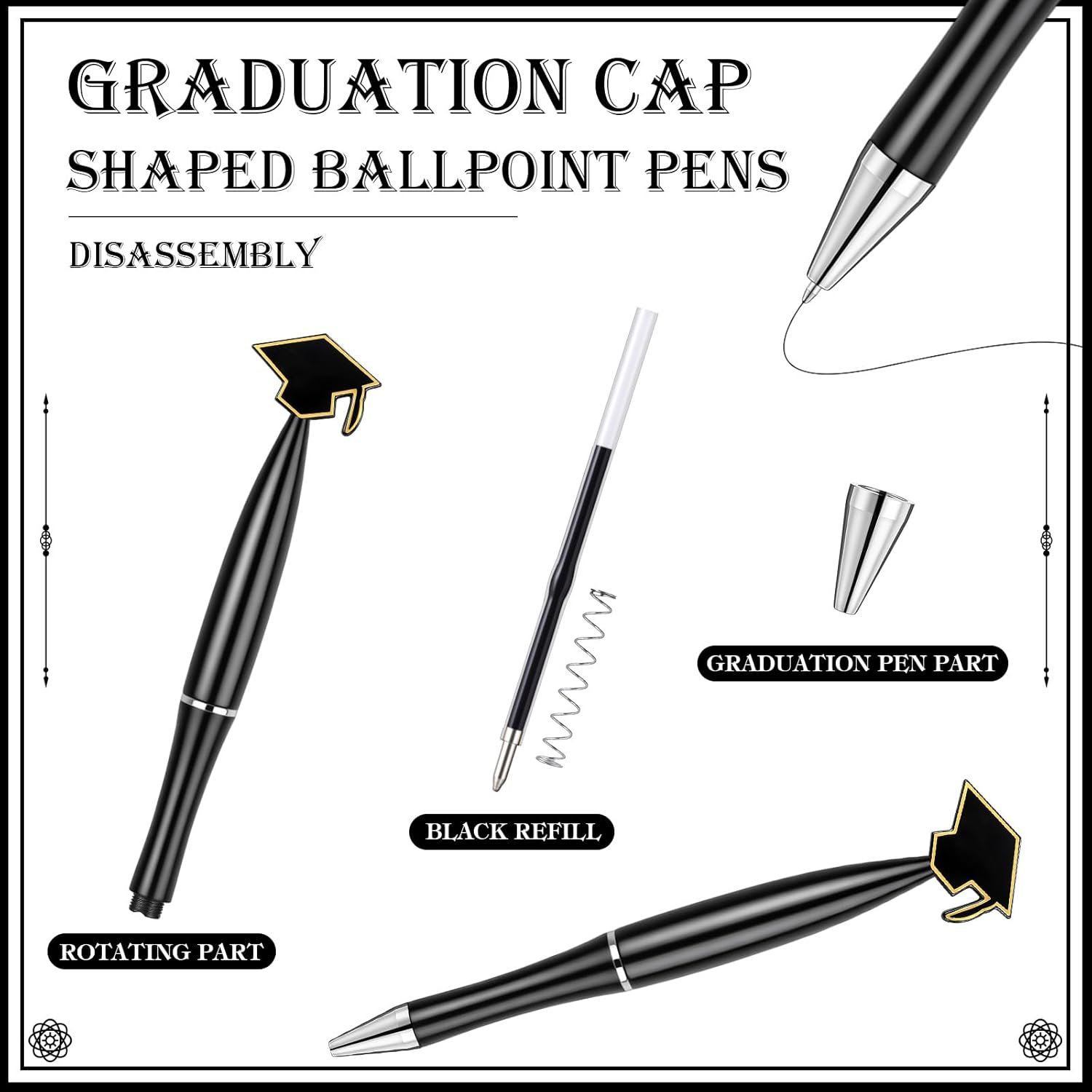 Supervitae 100 Pcs Graduation Pens Bulk Novelty Graduation Cap Ballpoint Pens 1 mm Black Gel Ink Party Favor Gift for Men Women Office University College Senior High School Supply