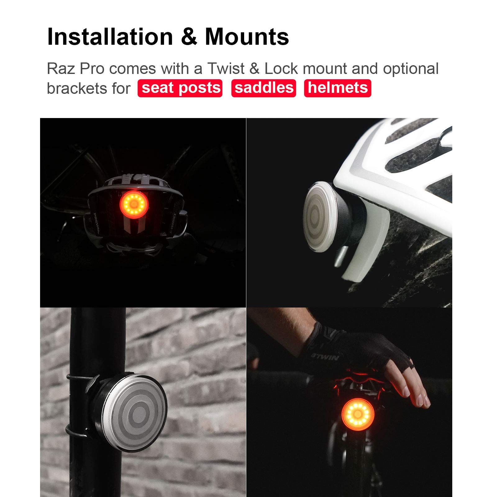 SHANREN Raz Pro Smart Lampe arrière pour vélo, Alertes de freinage, Sync d’équipe-Auto avec capteur de lumière, Supports optionnels pour Tige de siège/Selle/Casque, Lumière LED étanche Rechargeable