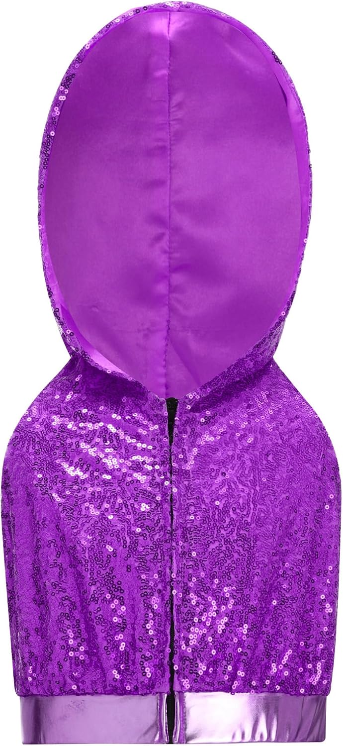 Freebily Kids Girls Sleeveless Sequin Hooded Vest Shiny Zipper Jacket Disco Sparkly Hip Hop Jazz Dance Crop Top