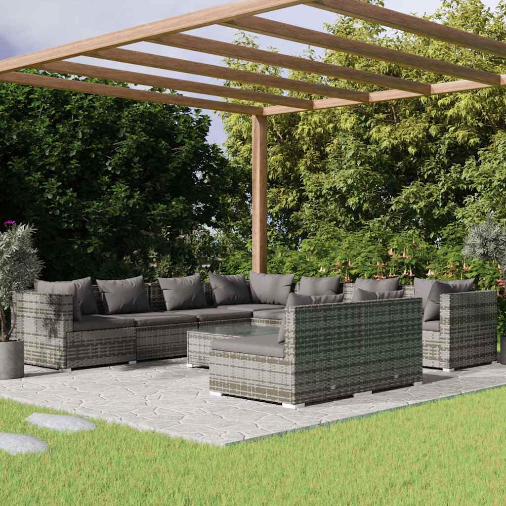 Set di mobili da giardino in polyrattan, 10 pezzi, grigio