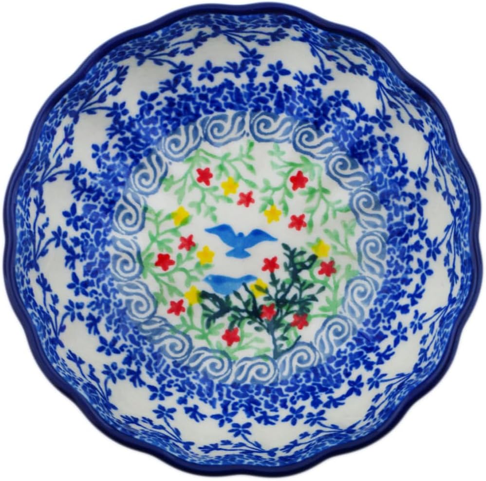 Polmedia Polish Pottery Scalloped Fluted Bowl 5-inch UNIKAT - Free Flock Pattern Handmade in Boleslawiec Poland by Ceramika Artystyczna + Certificate of Authenticity