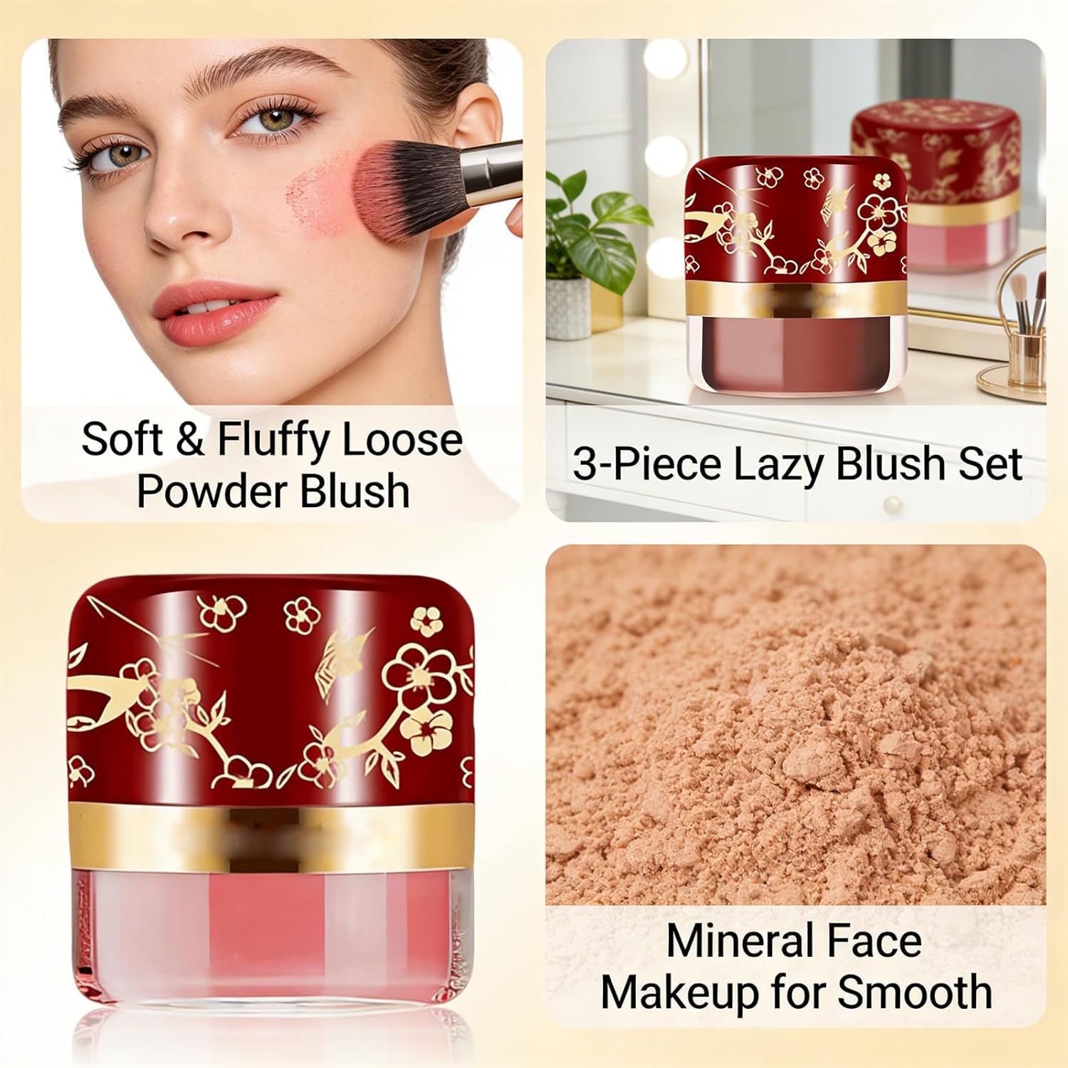 3-Piece Lazy Blush Set, Soft & Fluffy Loose Powder Blush Puff for a Rosy Glow, Mineral Face Makeup for Smooth (3PCS)