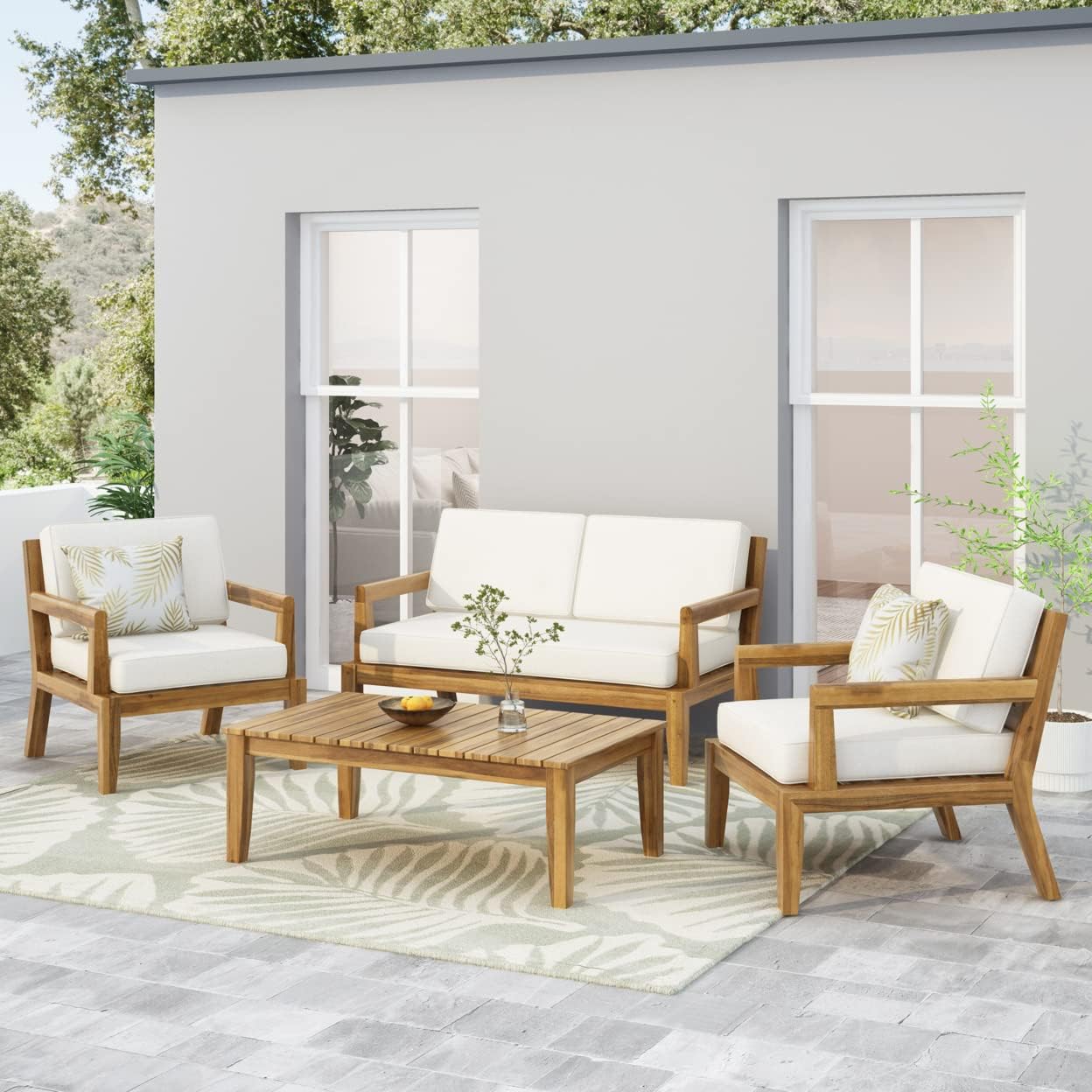 Christopher Knight Home Rossville Outdoor Conversation Sets, Teak Finish + Beige