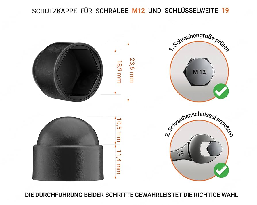 Cappucci Copri Dado M12 Chiave 19 - 10 Pezzi In Polietilene Nero