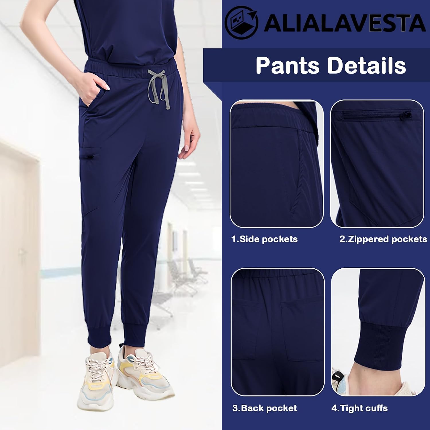 Scrubs Set for Women Nurse Uniform Jogger Suit Stretch Top & Pants with Drawstring Medical Uniform