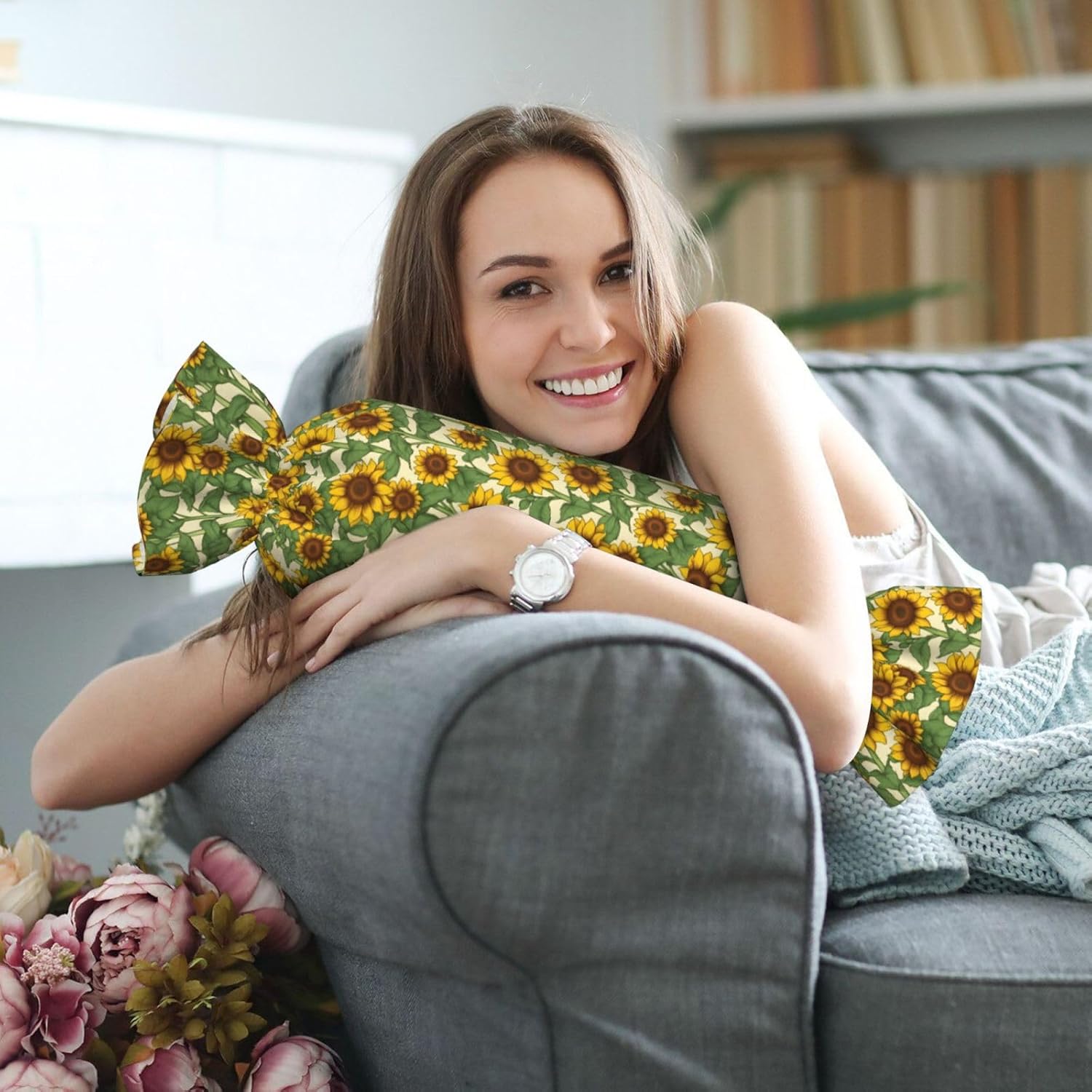 Sunflower Print Candy Cylindrical Pillow Round Bolster Pillows Versatile Use Decor Bedroom Travel