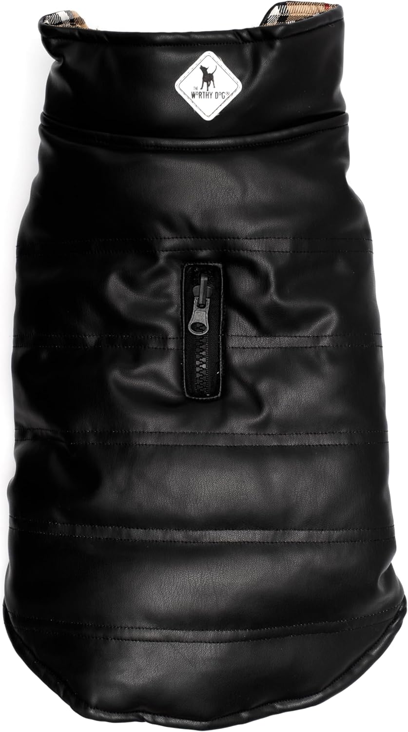 THE WORTHY DOG Reversible Faux Leather Dog Jacket – Plaid Lined Pet Coat with Harness Hole, Black, Small