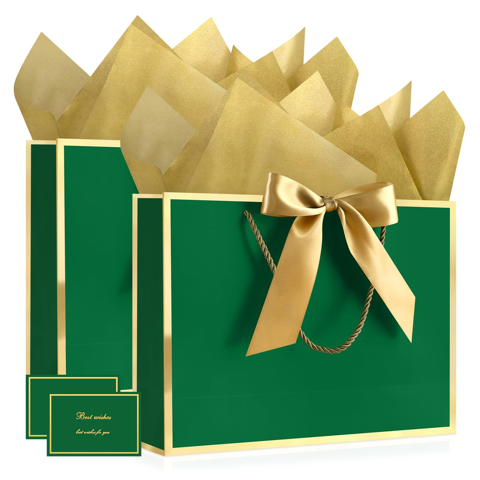 YoungTree Large Green Gift Bag with Handles โ 32x25x11 cm, Includes 2 Greeting Cards & 4 Tissue Papers, Portable Paper Gift Wrap for Wedding, Birthday, Mother's Day, 2-Pack โ image 1