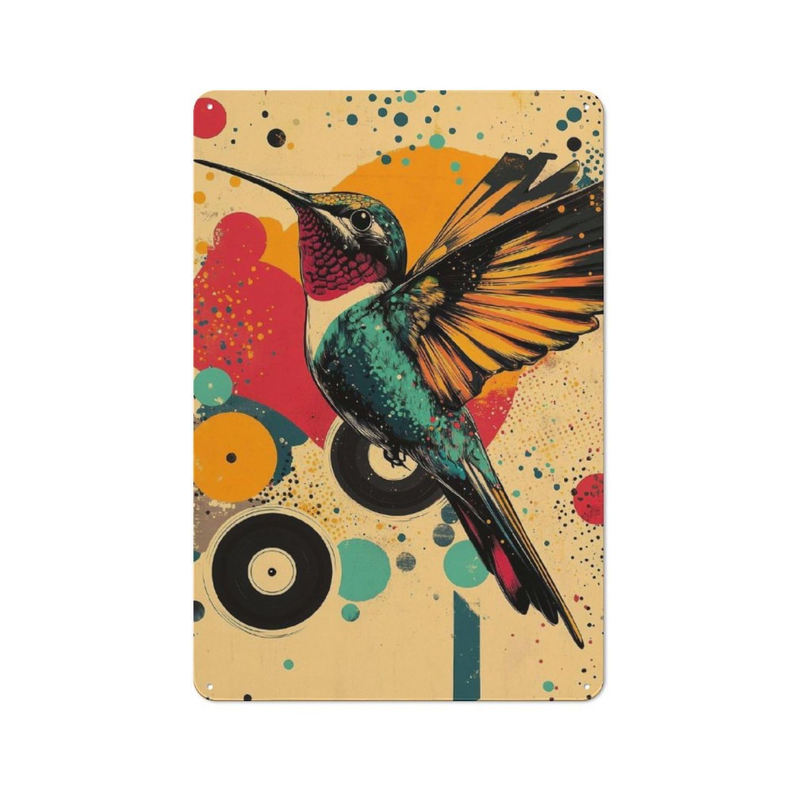 Junmoney Hummingbird With Abstract Background Humming Metal Plaque 30X20cm With Bird Vibrant Poster For Hallway Wall, Retro Decor, For Themed Interiors In Hallways And Entrance Areas