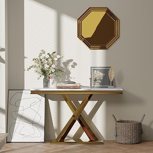 Miniatura 5 de ACEDÉCOR Mesa consola mesa de sofá de mármol sintético de 50 pulgadas con base en X espejo plateado mesa consola estrecha moderna para entrada sala