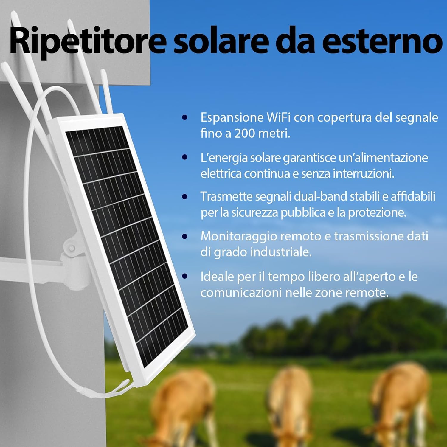 Ripetitore WiFi Solare da Esterno, Amplificatore di Segnale WiFi Alimentato a Energia Solare da 15W, Ripetitore WiFi Wireless a 2,4 GHz Batteria da 26000 mAh, Impermeabile IP65