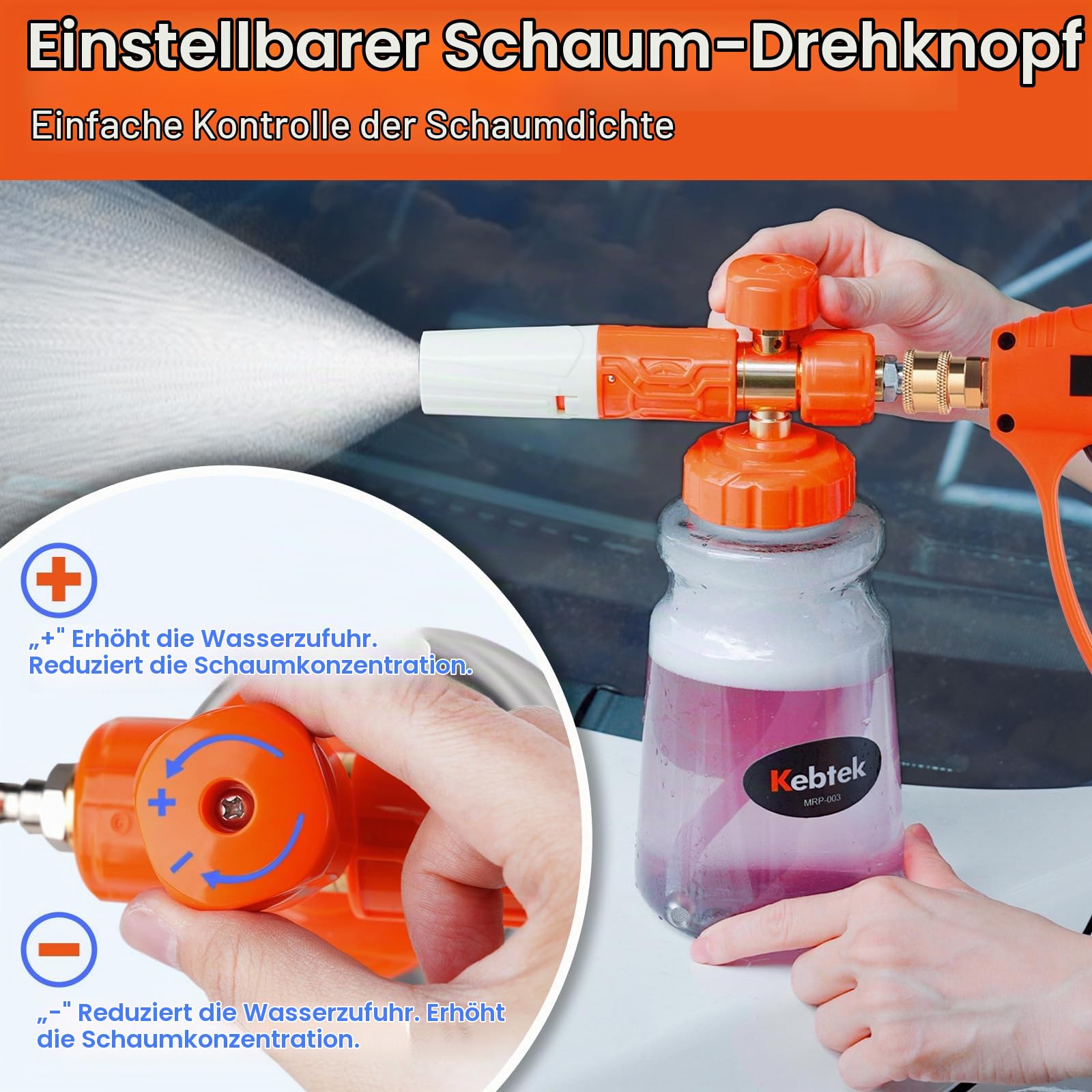 Kebtek Hochdruckreiniger Pistole 5200PSI mit Schaumkanone 1L, 5 Düse, Adapter Kompatibel mit Kärcher K2-K7 Serie (MRP-003-B)
