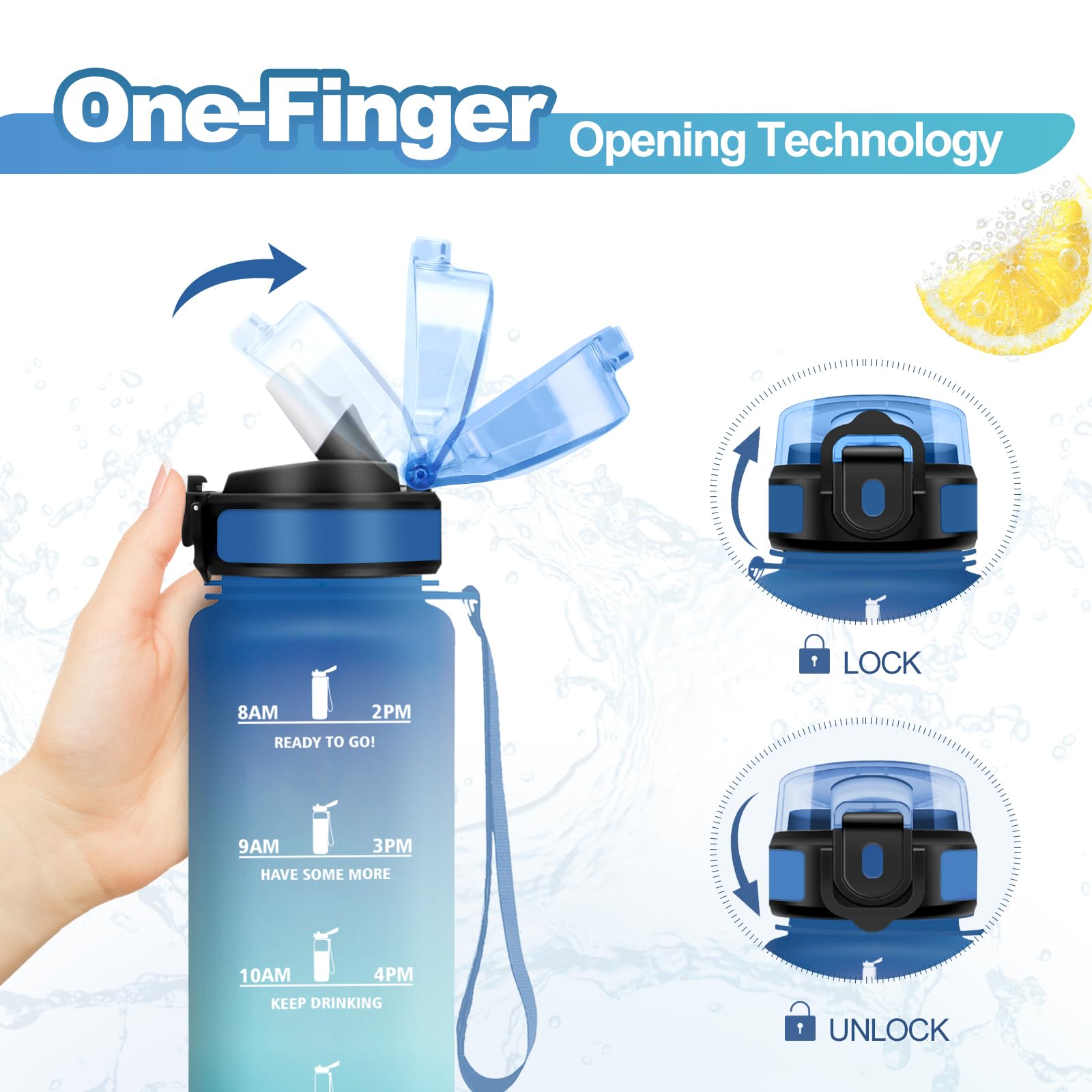 Borraccia 1L, Borraccia con Cannuccia, Bottiglia Riutilizzabile, Borraccia Sportiva con Marcatori Temporali, Bottiglia senza BPA, A Prova di Perdite, Borraccia Sport per Fitness, Scuola, Ufficio