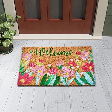 Mats Avenue Multi Color Coir Door Mat 40x60 cm Welcome Theme Floral for Entrances Set of 1