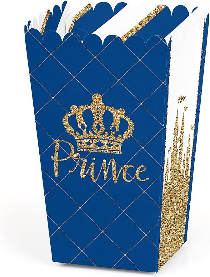 Royal Prince Charming - Baby Shower or Birthday Party Favor Popcorn Treat Boxes - Set of 12