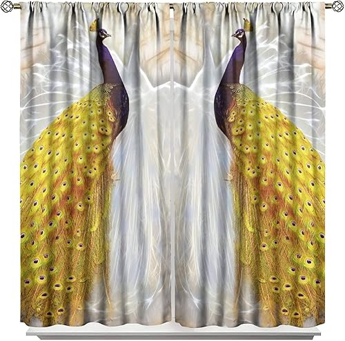 Miniatura 130 de Cortina opaca con estampado de pavo real, con estampado de animales retro, con bolsillo para cortinero y flores de peonía doradas, para dormitorio,