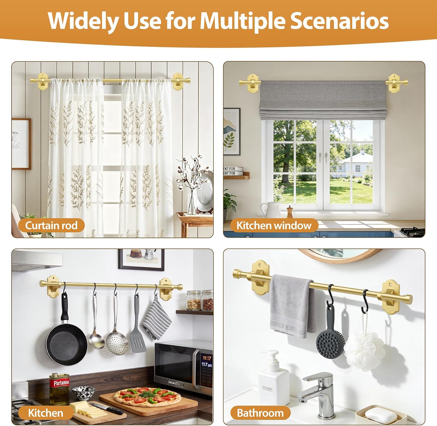 TONIAL Gold Curtain Rods No Drilling for Windows, 32 to 58 Inch