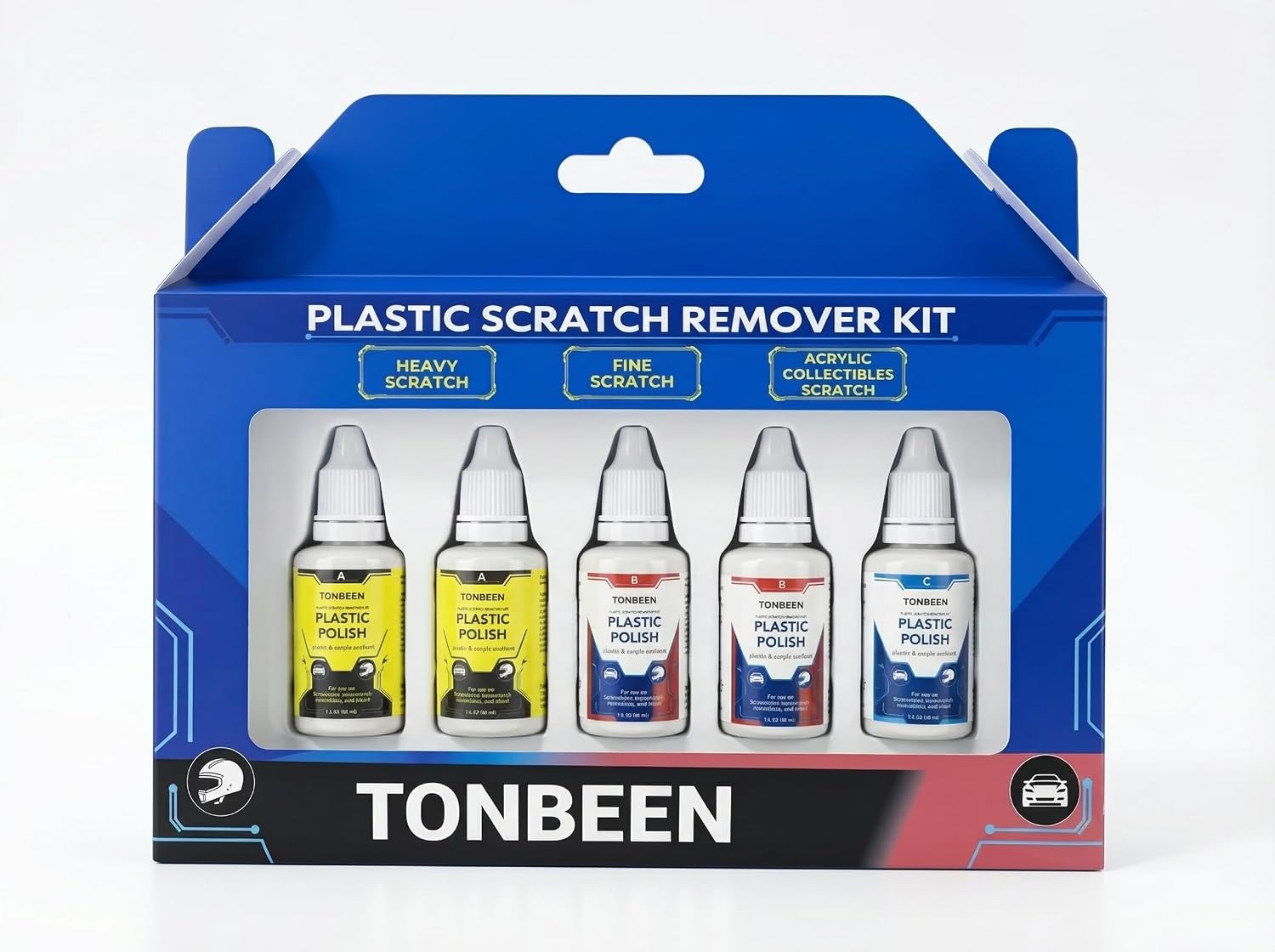 Plastic Polish & Scratch Repair Kit, Headlight & Plexiglass Restorer, Professional 5-Piece Set (150ml Total)