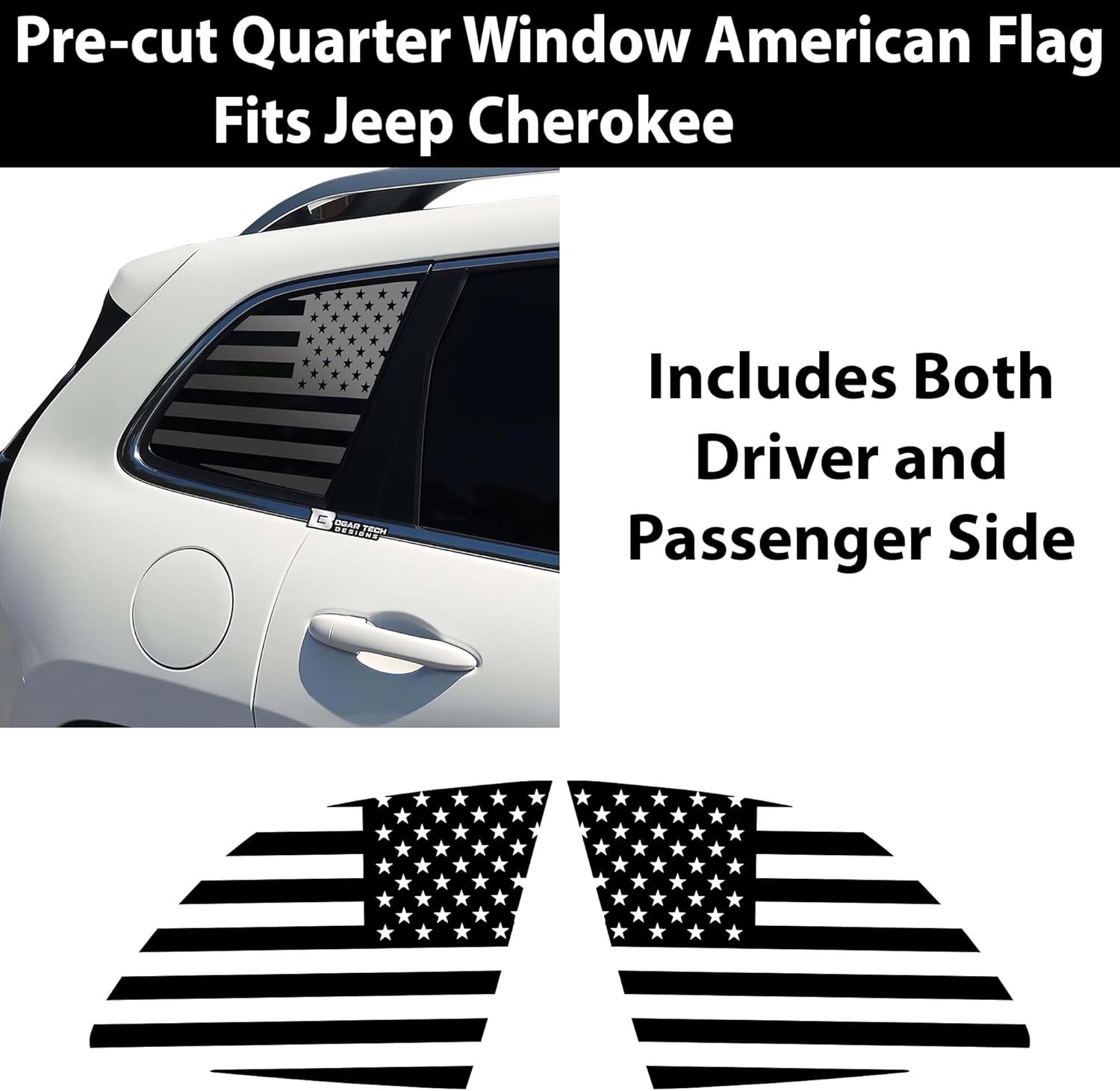 BOGAR TECH DESIGNS American Flag Rear Side Quarter Window Precut Decals Compatible with Jeep Cherokee 2014-2023, Matte Black