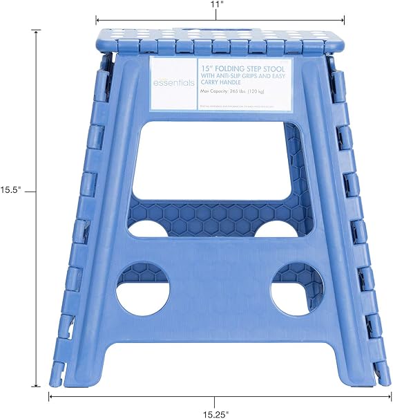 Essentials 21048 15-Inch Folding Step Stool, Wide Folding Step Stool, Plastic Step Stools For Adults, Garden Step Stool, Foldable High Stool