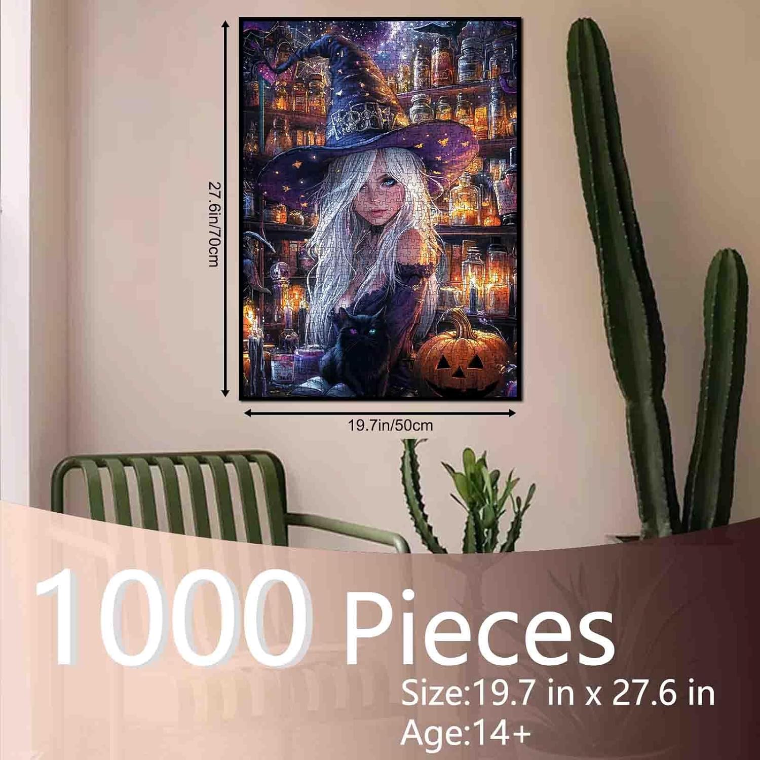 Beautiful Witch Jigsaw Puzzle，Halloween Witch and Potion Rack Art 1000 Pieces Jigsaw Puzzles for Adults，27 x 20 Inches Puzzles for Families，HD Quality Lovely Woman Puzzle Gift，Activity Game Night