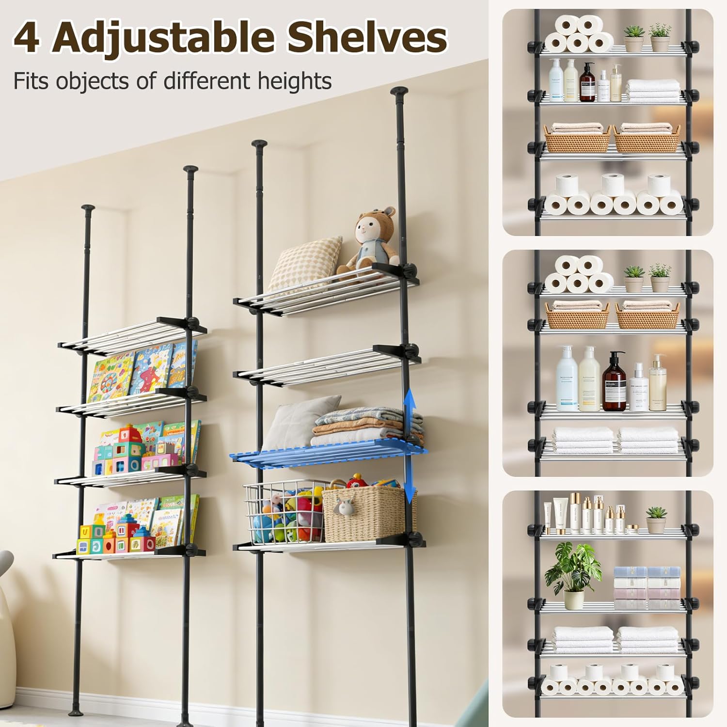 4 Tier Over The Toilet Storage 97-116” Over Toilet Bathroom Organizer with Adjustable Shelf Slim Behind Toilet Shelf for Toilet Paper Towel Plants (Black)