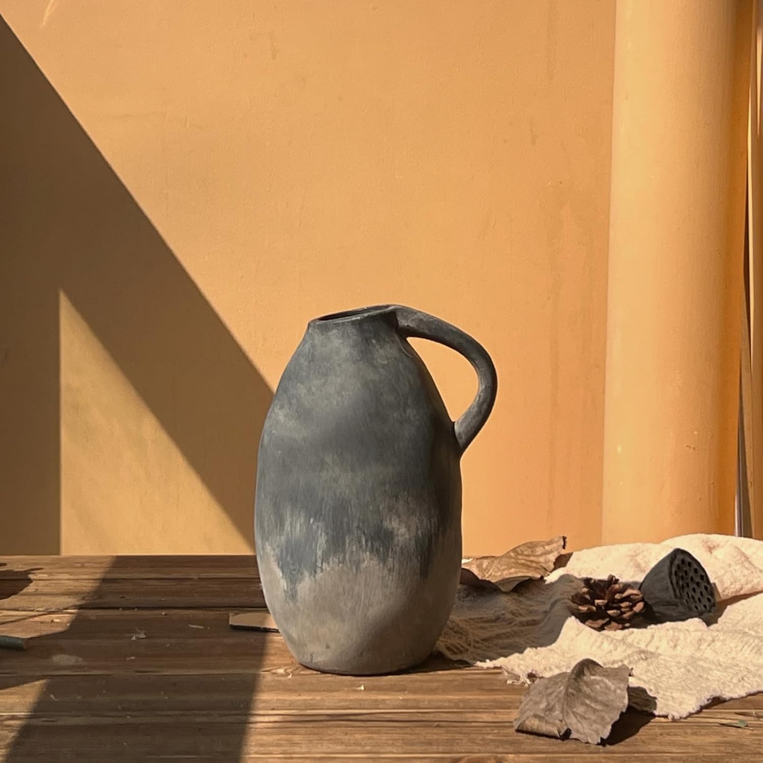 Rustic Ceramic Vase with Handle, Farmhouse Handmade Pottery Vase, Vintage Rustic Vase for Living Room, Kitchen, Home Decor, Thanksgiving, Centerpieces - 9.6 Inch