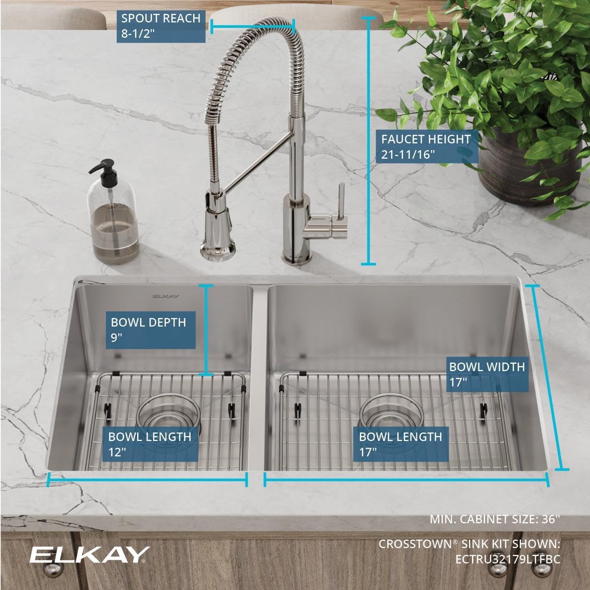 Elkay Crosstown 18 Gauge Stainless Steel 31-1/2" x 18-1/2" x 9" 40/60 Double Bowl Undermount Sink & Faucet Kit with Bottom Grid & Drain