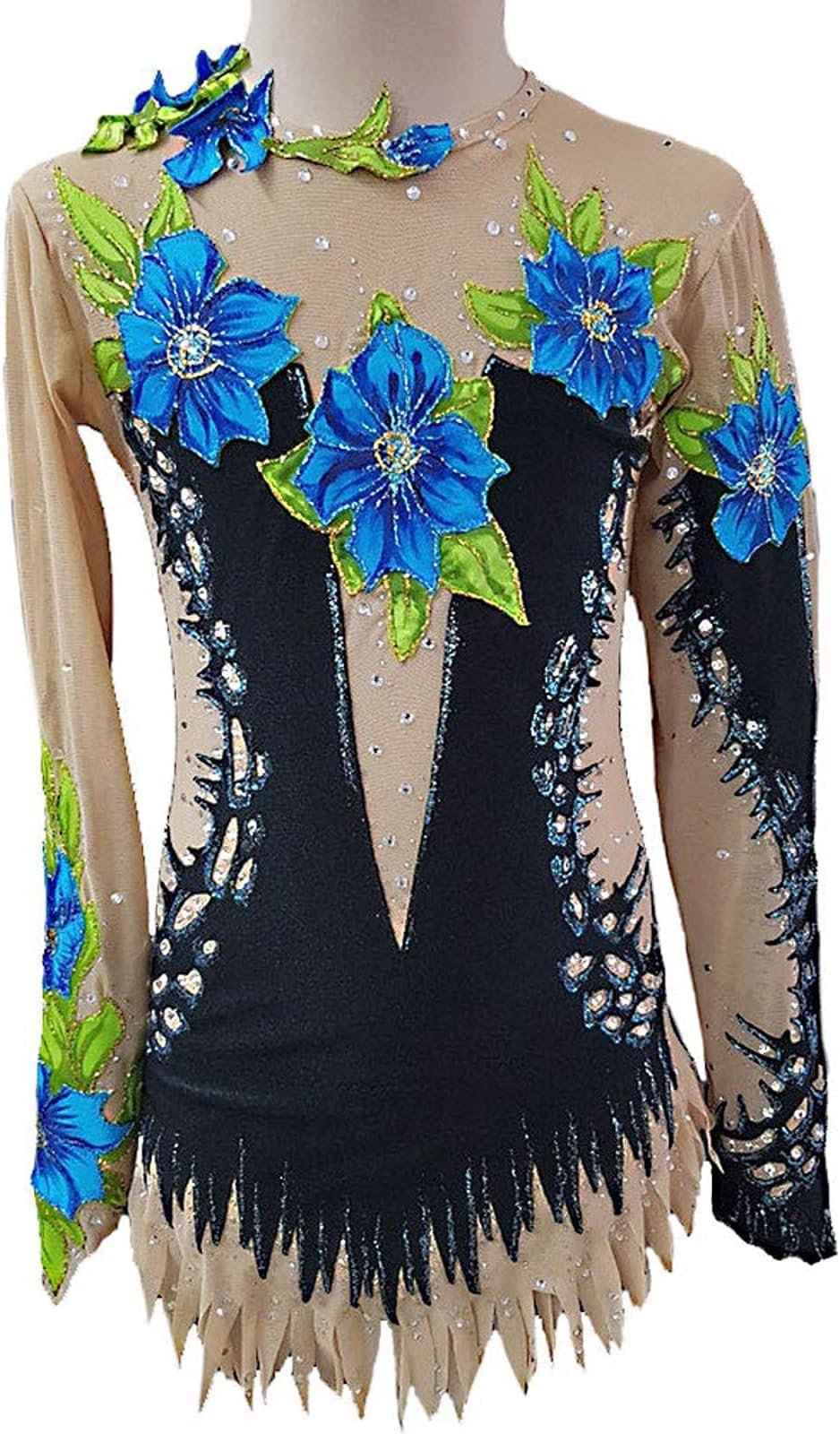 Girls Rhythmic Gymnastics Leotards, Long Sleeve Women Kids Competition Performance Rhinestone Team Sports Wear,Black,S